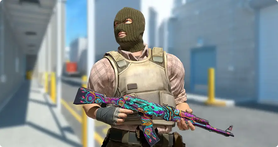 Een gemaskerd figuur in tactische uitrusting houdt een geweer met opvallende patronen vast, tegen een industriële buitenachtergrond. De sfeer is gespannen en actiegericht