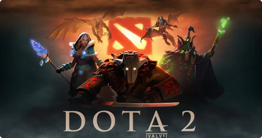 Promotieafbeelding voor Dota 2 met fantasiefiguren die gewapend zijn en magie gebruiken, een stralend logo op de achtergrond en een mysterieuze, epische sfeer