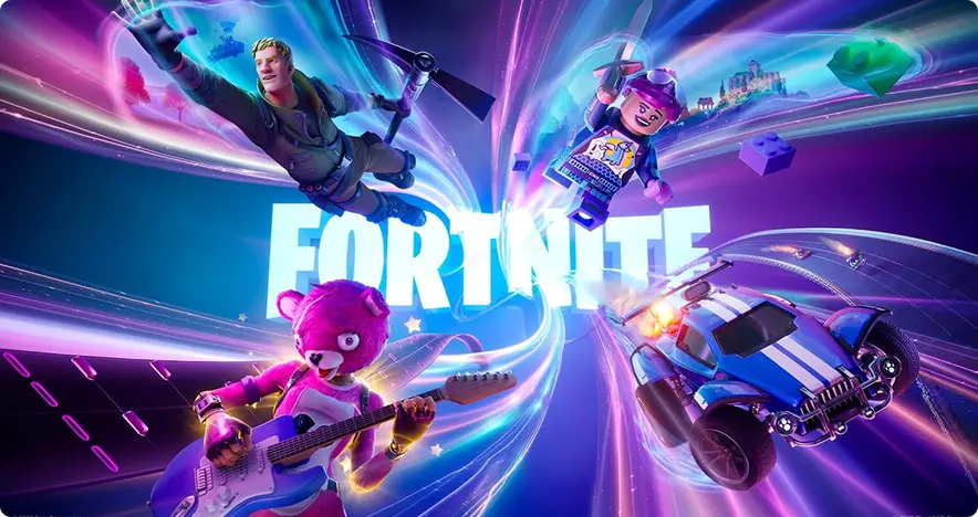 Een levendige “Fortnite”-scène met een personage dat aan het skydiven is, een LEGO-figuurtje met een pikhouweel, een roze beer die gitaar speelt en een raceauto, allemaal tegen de achtergrond van een kleurrijke draaikolk