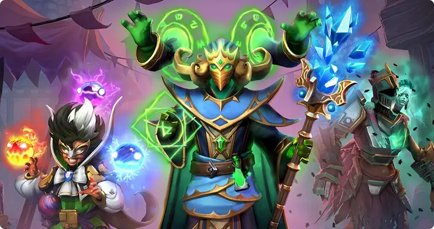 Fantasiescène met drie magische personages. Een vorstelijke tovenaar zwaait met een gloeiende staf, geflankeerd door een nar met kleurrijke bollen en een ondode ridder. Een levendige en mystieke sfeer