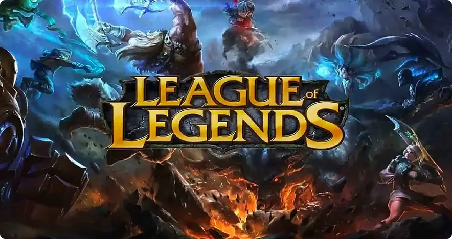 Het epische logo van League of Legends staat centraal te midden van indrukwekkende fantasiefiguren in actiehoudingen en een stormachtig, door gevechten getekend landschap